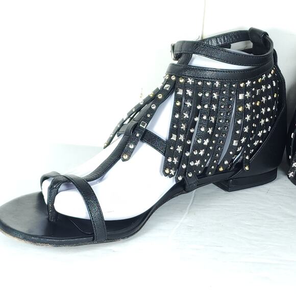 Saint Laurent Women's US8,5 EU39 Black Leather Studded Fringe Gladiator Sandals - Picture 8 of 16